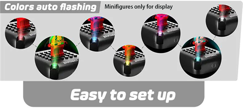 Images display colorful lights on electrical components. The text reads 10 Color Changing Lighting Base for Minifigures with Colors auto flashing and Minifigures only for display. A note at the bottom states, Easy to set up with touch controls.
