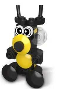 A cute LEGO toy resembling a bumblebee has large round eyes and a charming yellow-black pattern. Perfect for animal lovers, this adorable creature features a round nose and tiny antennae while sitting upright. Part of the 10 Cute Little Brick Animals set, which include various types like hippo, penguin, cow, and fox.