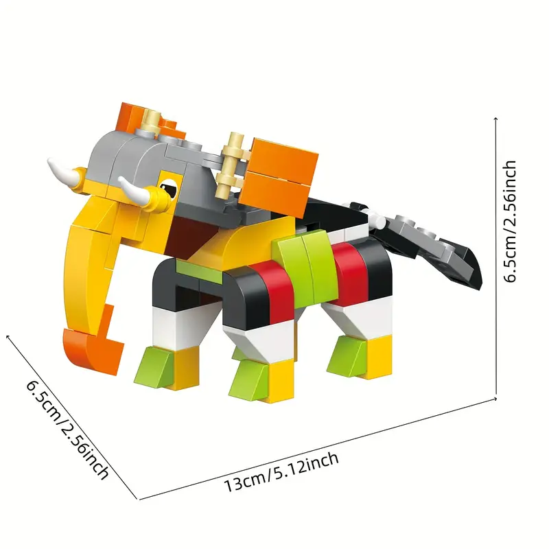 Create playful fun with the colorful Elephant from the 12 Brick Block Forest Animals series. This vibrant toy features interlocking bricks in yellow, orange, black, red, white, and green. Complete with tusks and a trunk, it measures 13 cm in length and 6.5 cm in height.
