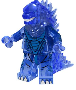 A translucent blue Godzilla Minifigure Toy, resembling a kaiju with a spiky back, claws, and an open mouth, stands upright. Detailed markings capture the essence of the King of the Monsters in miniature form. Part of a collection of 9 stocking fillers.