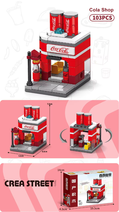 Explore the Building Blocks Coke Shop, a creative set with 103 pieces to construct a charming red and white shop. It includes a counter, two roof-top cola cans, a yellow window, and a red-uniformed figure. Measuring 7.4cm x 6.5cm x 4.8cm, it’s ideal for imaginative play.