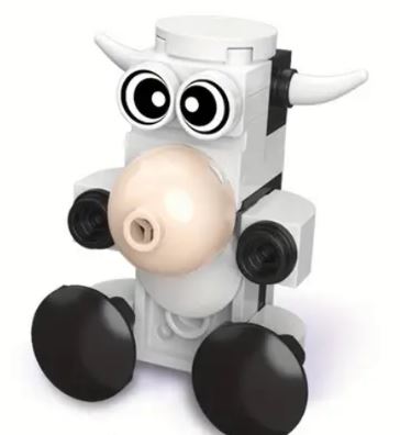 This adorable Lego brick cow, featuring large eyes, a round beige nose, and black hooves, sits upright with cartoonish charm. Part of the 10 Cute Little Brick Animals Various Types set, its perfect for animal lovers who adore cute figures like hippos and foxes.