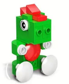 This small green Lego creature features a red crest and belly, large eyes, and white disc feet. Resembling an adorable character from the animal kingdom, its made from green, red, and white bricks. It fits perfectly into any animal lovers collection as part of the 10 Cute Little Brick Animals set.