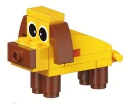 A small toy dog from the 12 Brick Block Forest Animals set, made of yellow and brown LEGO bricks, delights playtime with large black and white eyes, a rectangular nose, and four short legs.