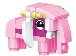 The 12 Brick Block Forest Animals set offers a pink, blocky elephant with large white tusks, a purple face, black and white eyes, and gold accents—perfect for playtime or as a delightful addition to your collection.