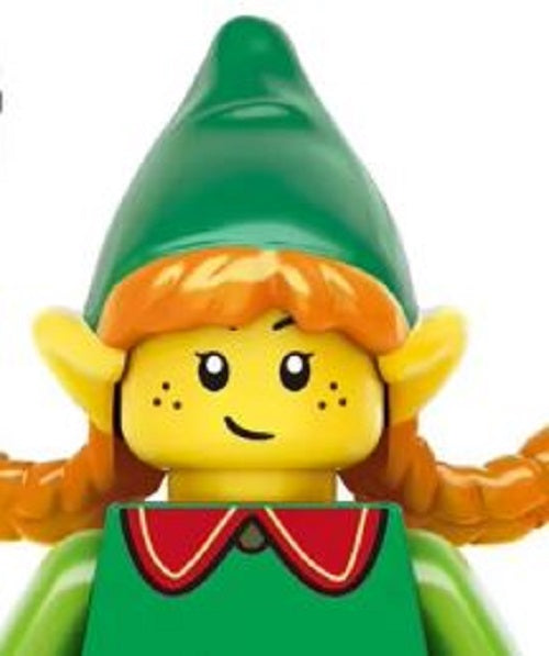 The Christmas Minifigures collection includes a LEGO elf with yellow skin, orange braided hair, and a green pointy hat, wearing a green outfit with a red and white collar. Perfect for festive cheer or as part of the 5 Deluxe Christmas Crackers with Christmas Themed Minifigures set.