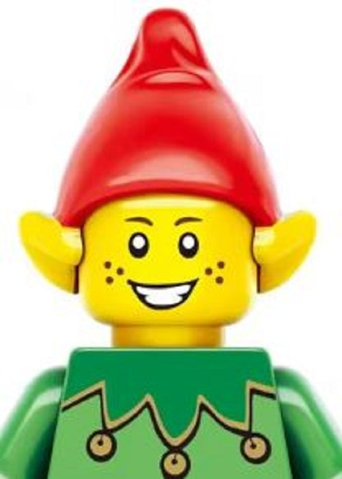 This LEGO elf, part of the festive Christmas Minifigures collection, has a yellow face with a wide smile and freckles. With a red hat and green zigzagged outfit, its as seasonal as discovering the 5 Deluxe Christmas Crackers with Christmas Themed Minifigures in your stocking.