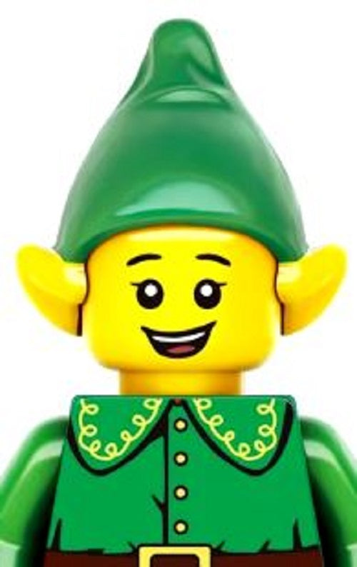 The festive yellow-faced LEGO figure, in a green outfit with a pointed cap and collar, is part of the 5 Deluxe Christmas Crackers featuring Christmas Themed Minifigures. Its cheerful design, complete with pointy ears and beaming black eyes, makes it a perfect addition to any collection.