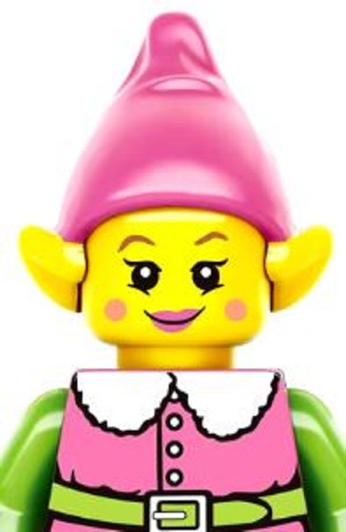 One of the Christmas minifigures from the 5 Deluxe Christmas Crackers features yellow skin, pointy ears, a pink hat, a cheerful smile with pink lips and blush, and festive attire: a pink top with a white collar and green sleeves. Perfect for holiday celebrations or as cracker gifts.