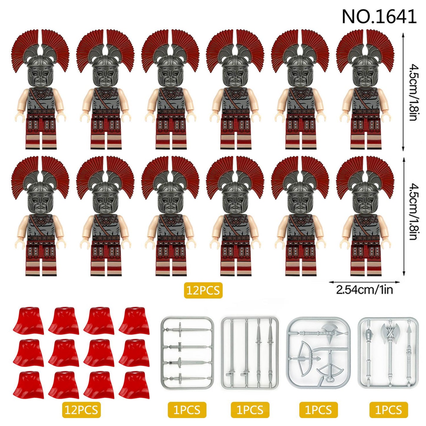A set of 12 Minifigure Roman Soldiers, each with helmets and red plumes, comes with red capes and assorted weapons like swords, axes, and spears. The set is a perfect Christmas stocking filler for history enthusiasts!.