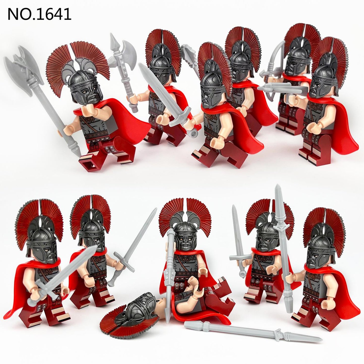 A delightful 12-piece set of Roman soldier minifigures in red and grey armor with weapons like swords and spears, featuring red plumed helmets. One soldier is fallen while the rest are in two rows. This perfect Christmas stocking filler for history fans reads NO.1641.