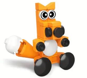 A small toy figure from the 10 Cute Little Brick Animals series, made of orange and black building blocks, resembles a cartoon fox. With large eyes, a bushy tail, and black circular feet, this figure is perfect for any animal lover with its blocky charm.