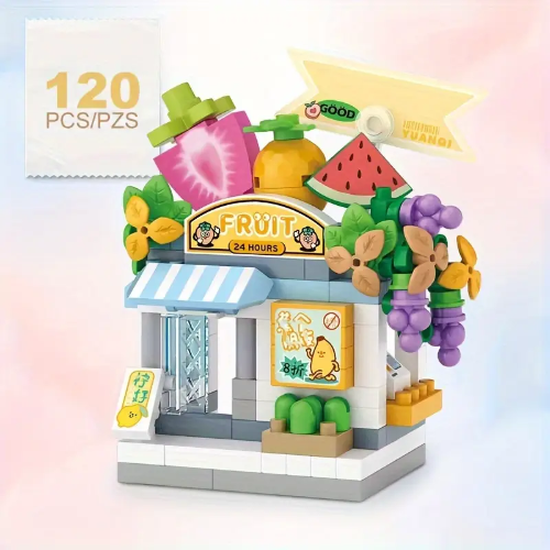 The Building Blocks Fruit Store, made from 120 vibrant blocks, features grape and watermelon decorations, a 24-hour sign, and a blue-striped awning. With fresh fruits like strawberry and mango, its perfect for teaching kids about supporting local farmers.