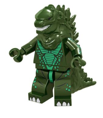 The Godzilla Minifigure Toy, part of the 9 to Collect series, captures the King of the Monsters with its green color, printed scales, back spikes, sharp white teeth, and clawed hands.