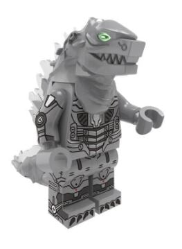 The gray, dinosaur-like toy with mechanical details and spines resembles a kaiju, featuring green eyes and articulated limbs. This captures the essence of a robotic Godzilla in the Godzilla Minifigure Toy - Stocking Filler 9 to Collect.