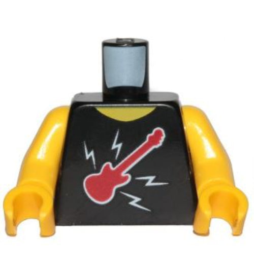 Enhance your build with the LEGO 6270317 Minifigure Torso, featuring yellow arms, a black shirt design with a red electric guitar and white lightning bolts, and TOUR on the back. This premium piece also includes a sleek black neck with a round top.