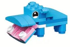 A LEGO hippo, featuring a blue body and wide-open pink mouth with cartoon-like eyes, is among the 12 Brick Block Forest Animals set including lions, elephants, crocodiles, turtles, and squirrels—a playful design for imaginative adventures.