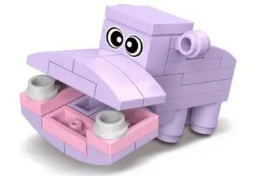 The cartoonish LEGO hippo, made with light purple and pink bricks, is perfect for animal lovers. Featuring large eyes and an open mouth, its playful look makes it a top pick among the 10 Cute Little Brick Animals collection, including penguin, cow, and fox. Its simple yet charming in typical LEGO style.