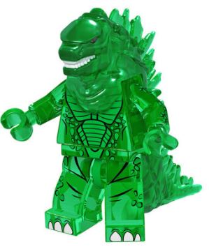 A green LEGO figure, with a spiky back and detailed scales, resembles a dinosaur or monster and stands upright like a mini Godzilla Minifigure from the Godzilla Minifigure Toy collection - Stocking Filler 9 to Collect.