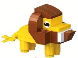 A charming stylized lion crafted from interlocking bricks, featuring a yellow body and brown mane. Part of the 12 Brick Block Forest Animals set, it brings playful forest charm to imaginative play with its simplistic cartoonish design.