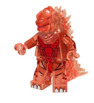 The Godzilla Minifigure Toy, one of 9 to collect, is a translucent LEGO-style figure with detailed fiery orange scales and spikes. It features menacing eyes, sharp teeth, and clawed hands—a perfect blend of kaiju creature design and playful toy aesthetics.