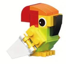 The 12 Brick Block Forest Animals set features a vibrant parrot with a red and orange head, yellow-green body, and large eyes. Holding a white piece in its beak, it embodies the playful charm of the forest, showcasing the classic blocky Lego design.