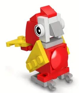 A LEGO parrot with bright eyes, a red body, and yellow wings stands on a white background. Its gray beak and small feet enhance its charm. Ideal for animal lovers, this adorable piece is part of the 10 Cute Little Brick Animals collection, featuring hippo, penguin, cow, fox designs.