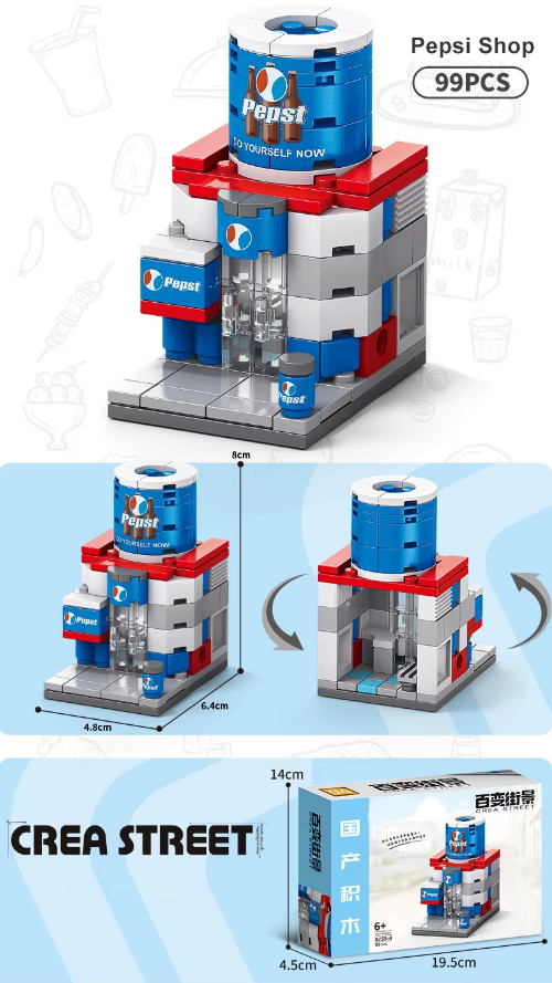The Building Blocks Pepsi Shop toy set includes 99 pieces, features a large Pepsi can on top, and is designed for ages 6+. Its packaging showcases the assembled shop from different angles with detailed dimensions.