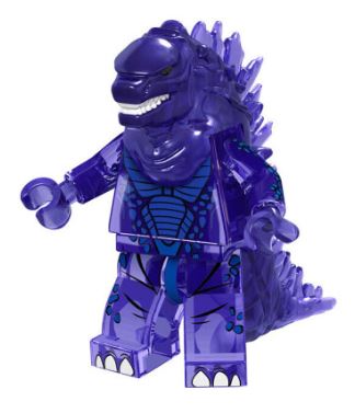 A purple LEGO figure resembling a kaiju toy with scales, blue markings, and claws stands against a white background. This Godzilla Minifigure Toy - Stocking Filler exudes the mighty presence of the King of the Monsters in miniature form.