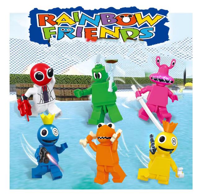 Cartoonish action figures, resembling Lego characters, stand and play on a blue surface. A vibrant 6 Roblox Rainbow Friends Building Block Toy Action Figure Kid Xmas Gift Collection logo tops the scene against a netted fence backdrop with a partial garden view for an adventurous vibe.