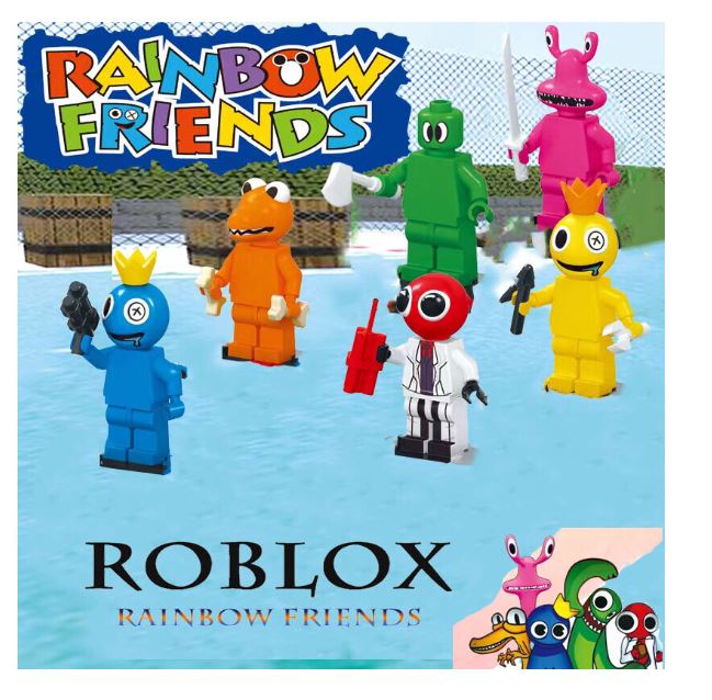 Roblox Rainbow Friends action figures, each uniquely colored and holding objects, are arranged on a blue surface. ROBLOX RAINBOW FRIENDS appears below in a playful block-like font. Product: 6 Roblox Rainbow Friends Building Block Toy Action Figure Kid Xmas Gift Collection.