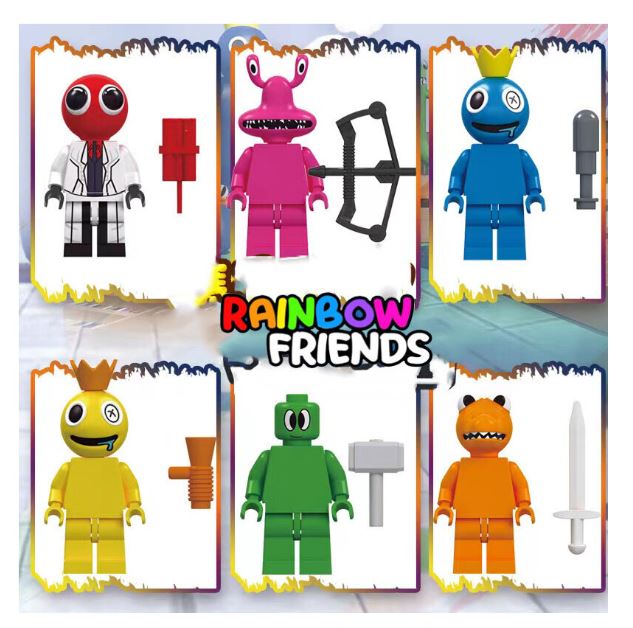 Displayed are building block toy figures resembling colorful cartoon characters in red, pink, blue, yellow, green, and orange. Each has matching accessories. The text Roblox Rainbow Friends is featured. Product: 6 Roblox Rainbow Friends Building Block Toy Action Figure Kid Xmas Gift Collection.