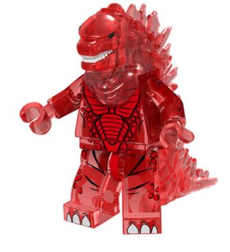The Godzilla Minifigure Toy, a red, transparent LEGO-style figure with spiky back plates, sharp teeth, and clawed hands, evokes kaiju toys. It channels the might of the King of the Monsters in a dinosaur-like form and is part of a 9-piece collection perfect as stocking fillers.