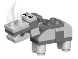 A charming small LEGO rhinoceros, crafted from gray and black bricks with white horns and cartoonish eyes, stands on a white surface—exemplifying the playful charm of 12 Brick Block Forest Animals.