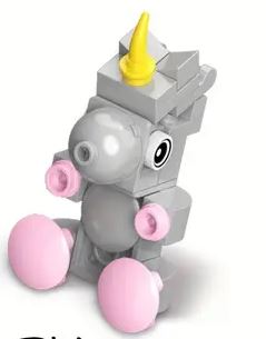 A charming LEGO unicorn figure with a gray body, big round eyes, yellow horn, and pink ears. Sitting upright with visible pink feet, its cute and blocky design will delight any animal enthusiast who admires adorable creatures in classic LEGO style from our 10 Cute Little Brick Animals collection.