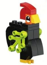 A black-bodied LEGO parrot from the 12 Brick Block Forest Animals set features a red crest, orange beak, and large round eyes, with bright green wings and yellow feet, embodying the playful charm of forest animals during playtime adventures.