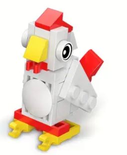This small toy chicken model, crafted from interlocking blocks, is perfect for animal lovers with its white body, red comb, yellow beak and feet, and large cartoon eyes. Its an adorable addition to any cute little animals collection alongside models like hippos and penguins.