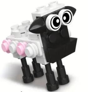 A small, blocky sheep figure built from plastic bricks, featuring a black face, four legs, white eyes with black pupils, and pink and white wool. Ideal for animal lovers and fans of cute creatures. Part of 10 Cute Little Brick Animals Various Types: Hippo, Penguin, Cow, Fox.
