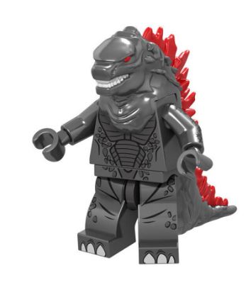 This gray dinosaur-like LEGO figure with red spines, fierce red eyes, and a menacing grin makes for the perfect Godzilla minifigure. Its detailed scales and upright posture are reminiscent of a kaiju toy, making it an ideal addition to any collection. Part of the Godzilla Minifigure Toy – Stocking Filler series with 9 to collect.