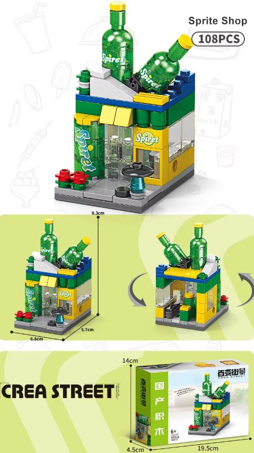 The Building Blocks Sprite Shop set with 108 pieces inspires creativity with a LEGO-style green and yellow storefront, clear brick windows, tiny door, and large soda bottles on the roof. Ideal for imaginative play; dimensions and packaging are shown at the bottom.
