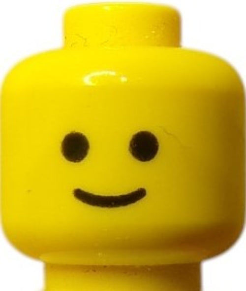 The LEGO 9336 Minifigure Head, Standard Grin Pattern - UB1068, showcases a charming yellow head with two black dots for eyes and a curved line smile, ideal for any minifigure collection.