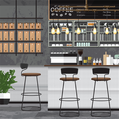 In the COFFEE SHOP BACKGROUNDS scene, shelves display coffee bags alongside a counter with stools, a coffee machine, and diverse brewing equipment. Hanging lights brighten the area, and a potted plant adds charm in the front.