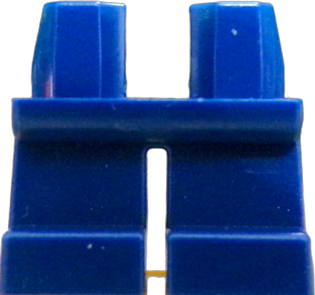 A close-up of the SHORT LEGS blue plastic toy piece resembles a pair of pants with two leg sections. Slightly shiny with minor surface imperfections, its part of a building block toy set against a black background.