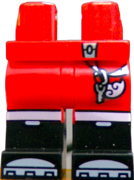 A close-up of STANDARD LEGS shows red and black toy legs resembling pants and shoes, featuring white and silver details similar to a key or decoration on the side. The background is black.