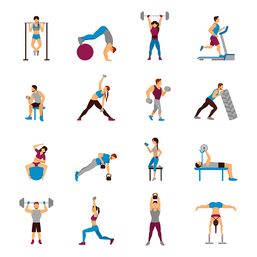 FITNESS BACKGROUND illustrates 16 people engaged in diverse workouts such as pull-ups, stability ball exercises, weightlifting, treadmill running, tire flipping, kettlebell swings, squats, stretching, and bench pressing. Each person demonstrates a unique exercise routine.