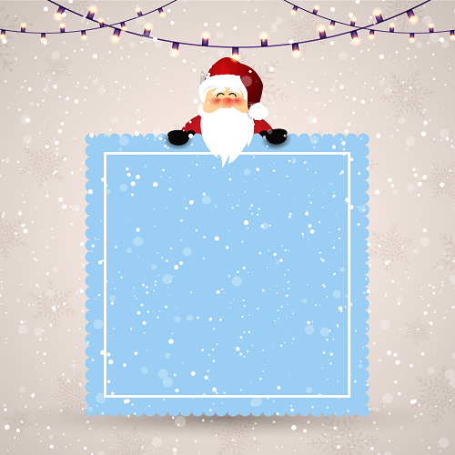 A cheerful Santa Claus peeks over a large blue frame adorned with snowflake patterns and scalloped edges. The background features falling snow and strings of purple holiday lights from Christmas Backgrounds.