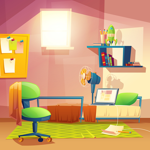 In a brightly lit room from KIDS BACKGROUNDS, a cozy setup includes a window, green chair at a desk with laptop, fan, and papers. Shelves display books and rocket model. A bulletin board showcases notes on the wall above the green rug-covered floor.