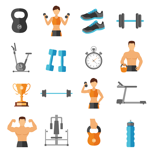 The FITNESS BACKGROUND features a grid of fitness icons including dumbbells, sneakers, a stopwatch, an exercise bike, a treadmill, a trophy, weight machines, water bottles, and kettlebells. It also depicts men and women lifting weights and flexing muscles.