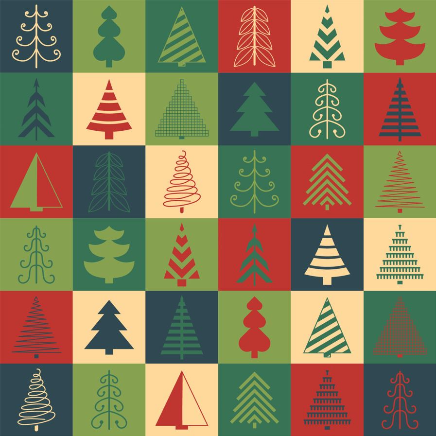 The Christmas Backgrounds feature a grid of various stylized Christmas tree designs within squares in green, red, and beige shades. Each tree is illustrated using simple geometric shapes and lines.