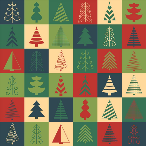 The Christmas Backgrounds product features a 30-square grid, each showcasing a uniquely drawn stylized Christmas tree. The squares alternate in shades of red, green, cream, and blue, with diverse patterns and line styles for each tree.